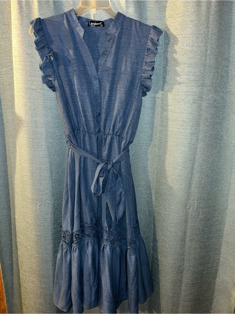 Allegra K Navy Ruffle Sleeve Midi Dress with Tie Waist